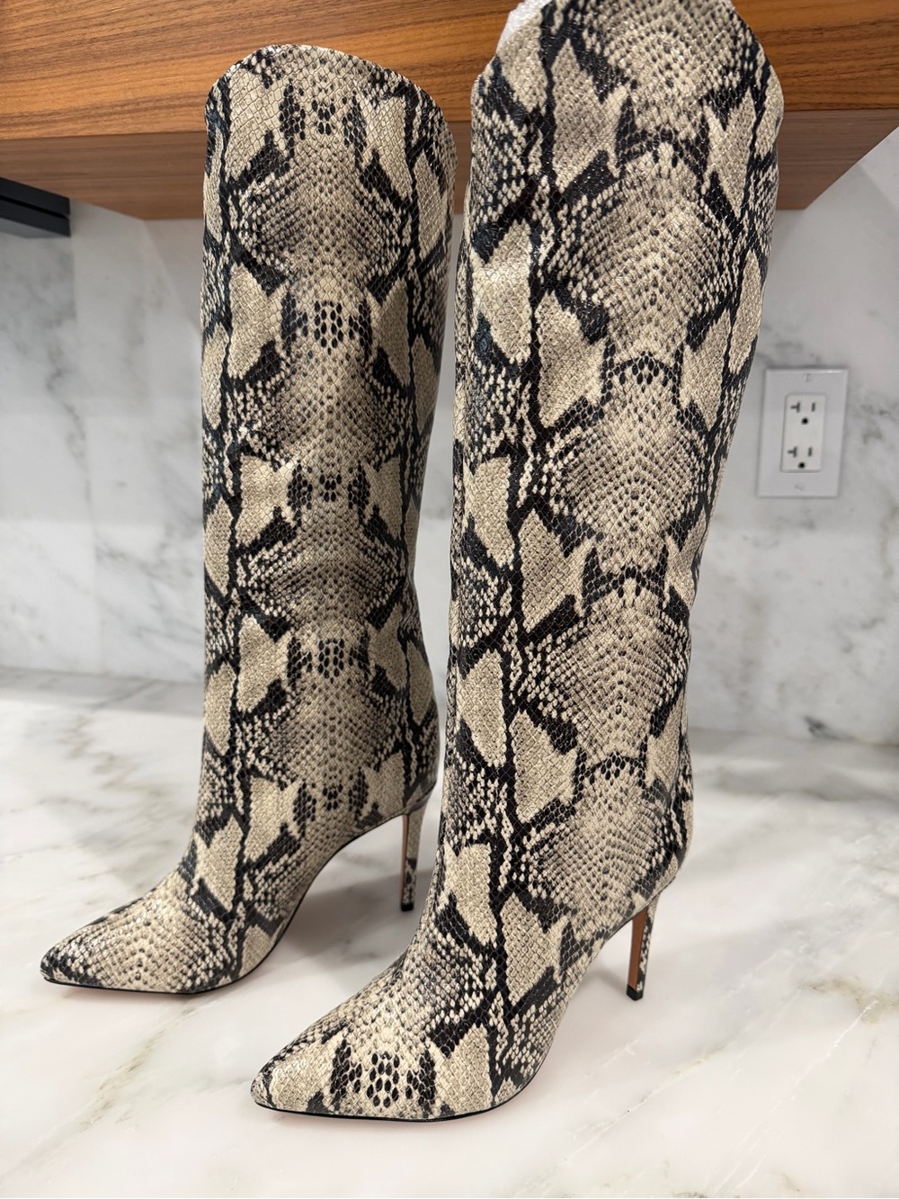 SCHUTZ Snake-Print Knee-High Stiletto Boots - Beige & Black